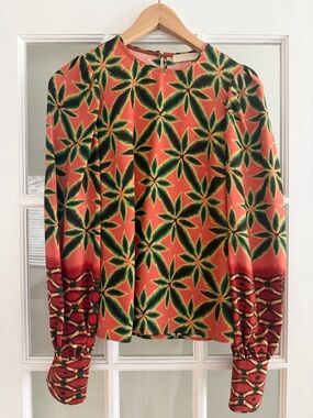 Ulla Johnson Coral Top with Green and Yellow Floral Motif